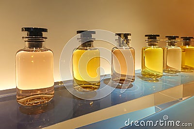 Perfume bottle in showcase Stock Photo