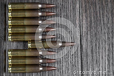 A row of ammunition. Concept of the first shot. Stock Photo