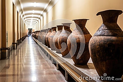 row of ancient amphorae in an archaeological museum Stock Photo