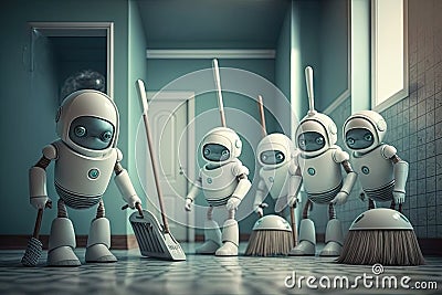 row of androids, each with their own unique design and personality, cleaning different rooms in futuristic home Stock Photo