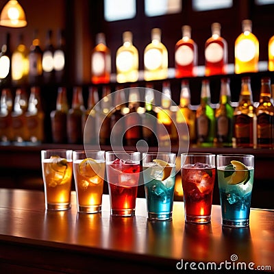 Row of assorted colorful cold drinks, summer party refreshment at bar Stock Photo