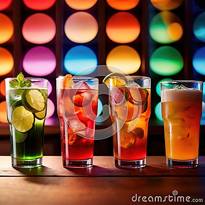 Row of assorted colorful cold drinks, summer party refreshment at bar Stock Photo