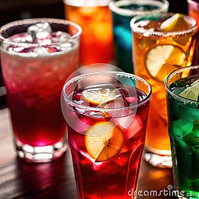 Row of assorted colorful cold drinks, summer party refreshment at bar Stock Photo