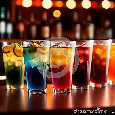 Row of assorted colorful cold drinks, summer party refreshment at bar Stock Photo