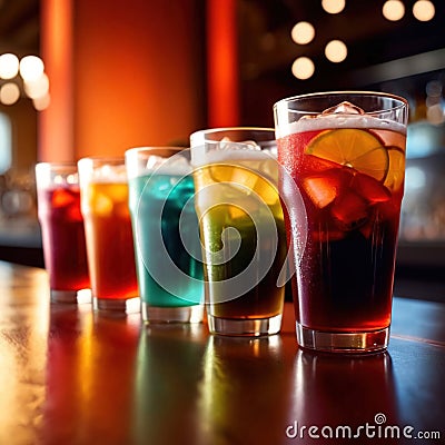 Row of assorted colorful cold drinks, summer party refreshment at bar Stock Photo