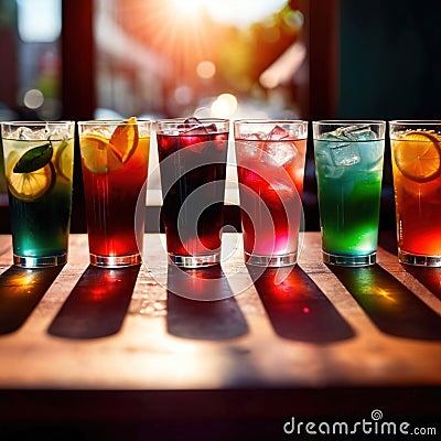 Row of assorted colorful cold drinks, summer party refreshment at bar Stock Photo