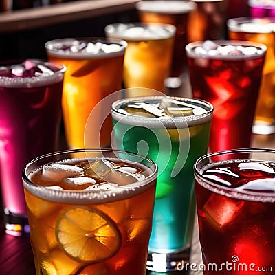 Row of assorted colorful cold drinks, summer party refreshment at bar Stock Photo