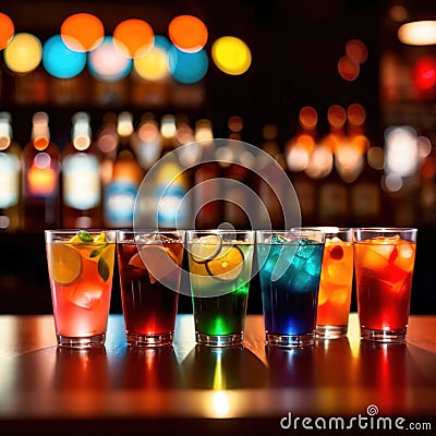 Row of assorted colorful cold drinks, summer party refreshment at bar Stock Photo