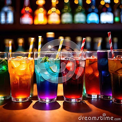 Row of assorted colorful cold drinks, summer party refreshment at bar Stock Photo
