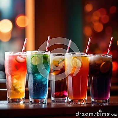 Row of assorted colorful cold drinks, summer party refreshment at bar Stock Photo