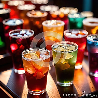 Row of assorted colorful cold drinks, summer party refreshment at bar Stock Photo