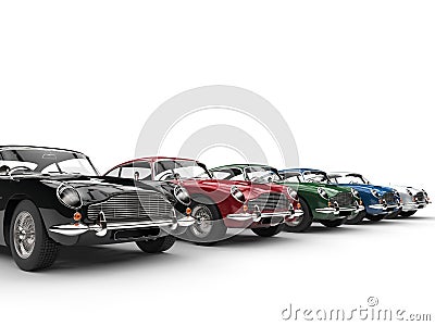 Row of awesome vintage cars - on white background Stock Photo