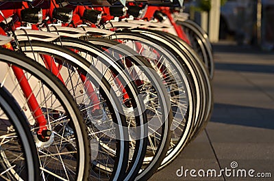 Row of bicycle wheels, headlights Stock Photo