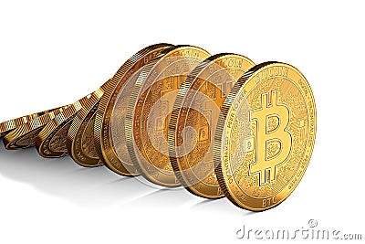 Row of bitcoins collapsing as domino effect. Uncertain bitcoin position on the market concept. Stock Photo