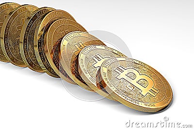 Row of bitcoins collapsing as domino effect. Uncertain bitcoin position on the market concept. Stock Photo