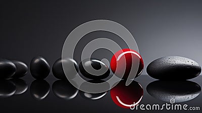 A row of black stones with a red stone in the middle, AI Stock Photo