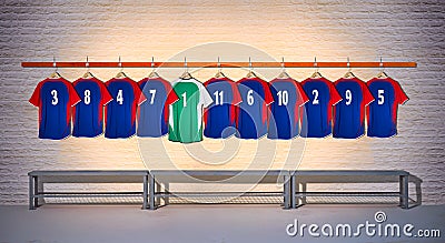 Row of Blue Football Shirts Stock Photo