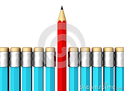 Row of Blue Pencils With One Selected Red on White Stock Photo