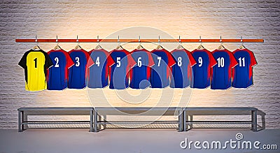 Row of Blue and Yellow Football Shirts 1-11 Stock Photo