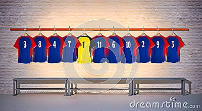 Row of Blue and Yellow Football Shirts Stock Photo