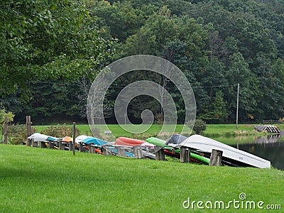 Row of Boats on Peaceful Green Grassy Shore of Lake Stock Photo