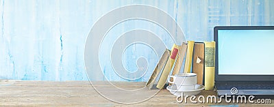 Books, cup of coffee and laptop, learning, education Stock Photo