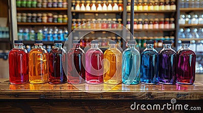 Row of Bottles Filled With Different Colored Liquids Stock Photo