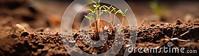 Row of Budding Sprouts Out of Moist Soil - Generative AI Stock Photo