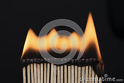 A row of burning matches on a black background. The flame moves from the match to the match. Fire is inevitable Stock Photo