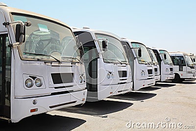 Row of buses waiting on bus station near port Editorial Stock Photo