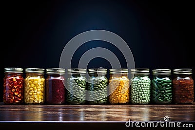 row of canned goods with focus on their unique textures Stock Photo