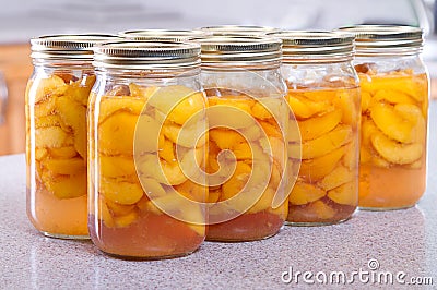 Row of canned peaches Stock Photo