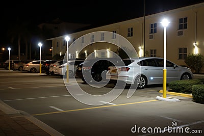 a row of cars parked in a parking lot at night Stock Photo