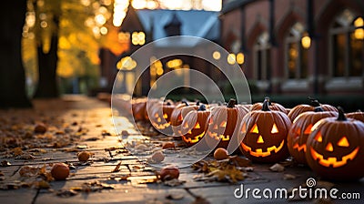 A row of carved pumpkins on a sidewalk Stock Photo