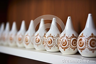 row of ceramic bells on a shelf Stock Photo