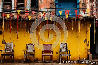 a row of chairs in front of a yellow building Stock Photo