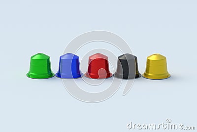 Row of coffee capsules on gray background. Modern decaf pods for machine. Stock Photo