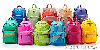A Row of Colorful Backpacks A vibrant composition showcasing a diverse array of backpacks, each a different hue, against a Stock Photo