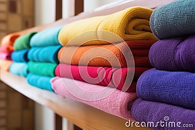 row of colorful bath towels hanging on a rack Stock Photo