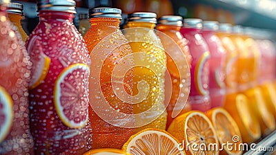 A row of colorful bottles of juice with a few slices of oranges on the bottom. The bottles are lined up next to each Stock Photo