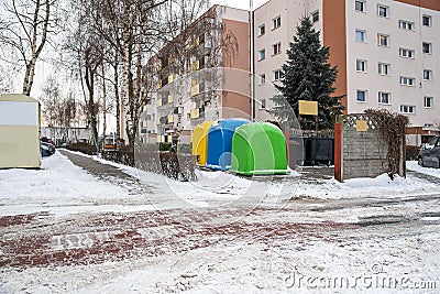 A row of colorful dustbins for waste segregation Stock Photo