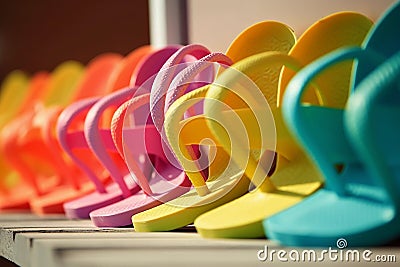 A row of colorful flip flops are lined up in rows. AI generation Stock Photo
