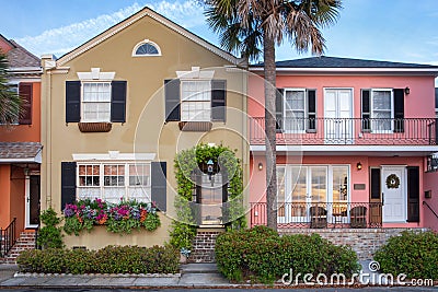Row of Colorful Homes Downtown Charleston South Carolina Stock Photo