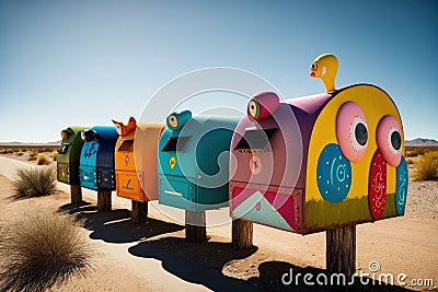 a row of colorful mailboxes with each one unique in its own way Stock Photo
