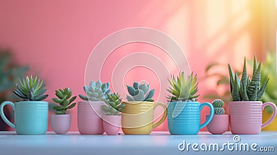A row of colorful mugs with succulents in them on a table, AI Stock Photo