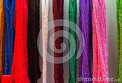 Row of colorful nets displayed on a store Stock Photo