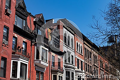 Row of Colorful Old Brownstone Homes on the Upper West Side of New York City Stock Photo