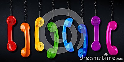 Row of colorful rainbow colored old fashioned retro phone reciever with black telephone wire black slate blackboard background, Stock Photo