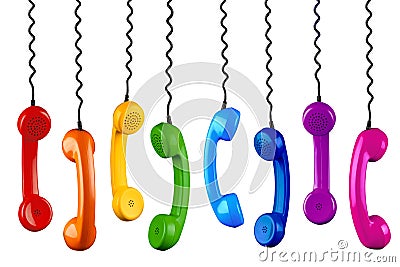 Row of colorful rainbow colored old fashioned retro phone reciever with black telephone wire isolated white background, business Stock Photo