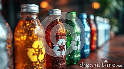 A row of colorful recycled bottles lined up on a table, AI Stock Photo